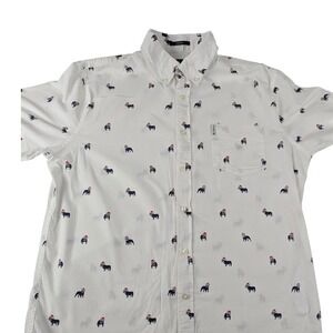 Ben Sherman Mens White Bulldog Print Short Sleeve Stretch Button Down Shirt Med